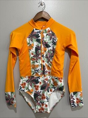 Coolibar Orange and Floral Long-Sleeve One-Piece Rash Guard Youth L
